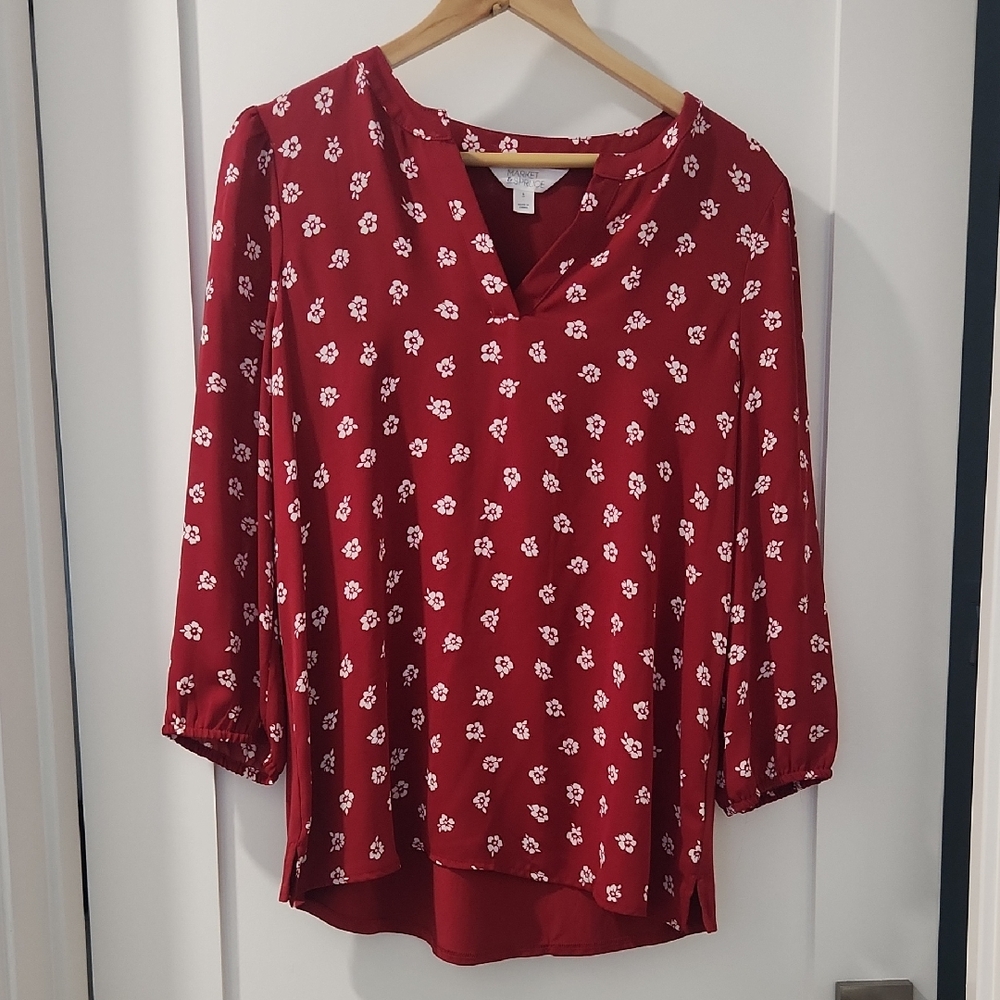 Market & Spruce Red Relaxed Blouse with 3/4 Sleeves